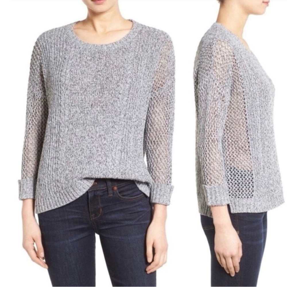 Madewell Heathered Gray Cotton Blend 3/4 Sleeve Crew Neck Lightweight Sweater